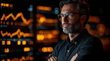 Thoughtful Businessman Wearing Glasses Reflects on Market Trends Against a Dynamic Wall of Data Visualization in a Modern Office Space