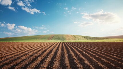 Spring plowed field, rolling hills, blue sky, sunny day, agricultural landscape, ideal for farm, nature, and countryside stock
