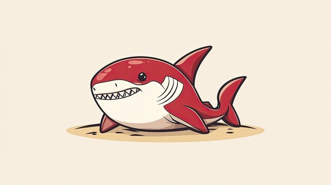 Cute cartoon red shark resting on sandy beach.