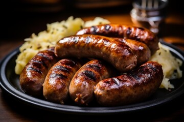 Close up of bratwurst served on plate