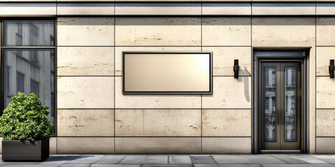Blank Rectangular Signage on Modern Building Facade, Blank Rectangular Billboard Mockup on Building Wall