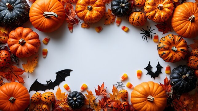 Top view photo of small pumpkins, candy corn, witches, spider's web, and bat silhouettes with blank space on an isolated white background.
