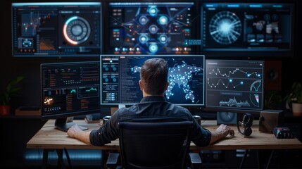 Cybersecurity Expert at Work: A lone cybersecurity expert intently monitors a network of glowing screens displaying complex data and intricate graphs in a dimly lit room.