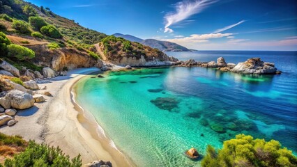 Serene beach scene at Livadi in Ikaria island with crystal clear turquoise water and white sandy shore amidst lush greenery and limestone cliffs, serene landscape, limestone