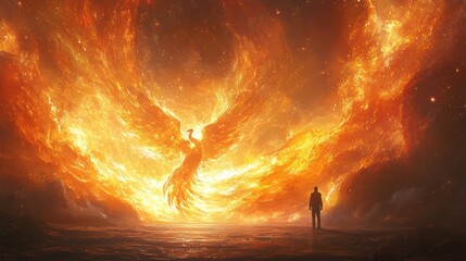 Majestic Phoenix Rising from Flames with Silhouette of a Human Figure in Awe at the Fiery Display of Power and Transformation in a Cosmic Landscape
