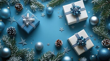 Trendy gift boxes, blue and silver baubles, stars, snowy pine branches, and confetti on a blue background.