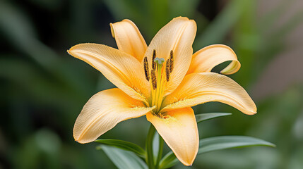 Fototapeta premium vibrant orange lily flower with delicate petals and green leaves