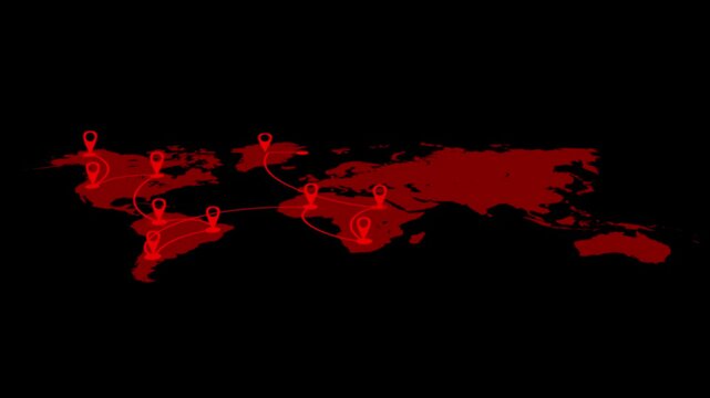 world map with red directions and black screen