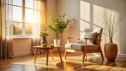 Fototapeta premium Cozy Minimalist Living Room: Wooden Chair, Natural Light, Interior Design