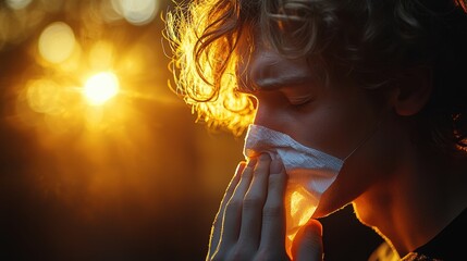 Fototapeta premium Young man with curly hair holds tissue to his face while standing against a backdrop of a glowing sunset, capturing a moment of vulnerability and introspection in nature.