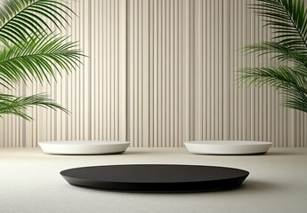 Minimalist Setup with Flat Circles and Green Plants on Neutral Background