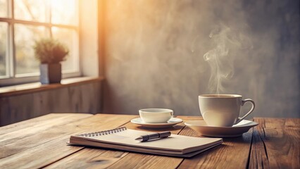 Obraz premium Warm Morning Beverage with Notepad and Pen on Rustic Wooden Table Near Window