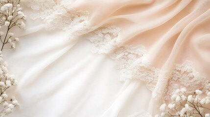 Fototapeta premium Delicate Peach Fabric with White Lace and Flowers