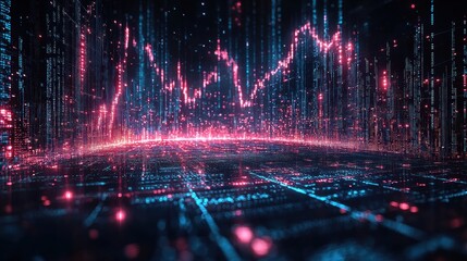 Fototapeta premium Abstract digital landscape representing data visualization trends with glowing lines and particles in pink and blue hues, showcasing technological advancement and information flow