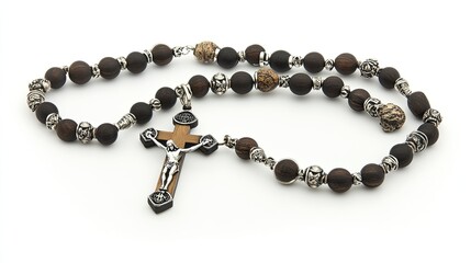 Dark brown wooden rosary beads with silver accents and crucifix on white background.