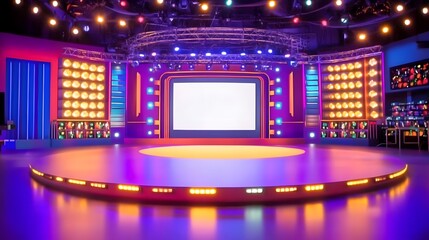 Realistic TV Game Show Set with a Large Empty Screen, Circular Stage, and Bright Yellow Light Bulbs Framing a Purple Background Wall, Creating a Minimalist and Professional Studio Atmosphere