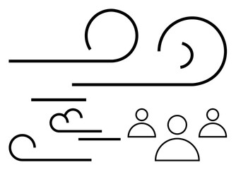 Dynamic swirling wind lines merging with icon-thumbs up human figures, symbolizing interaction, communication, environment, and unity. Ideal for community, teamwork, impact, environment resilience