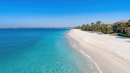 Fototapeta premium serene beach view with clear turquoise water and palm trees lining shore