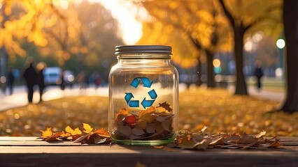 A glass jar with the recycling symbol on it