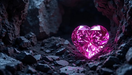 A pink heart gemstone on a black background, symbolizing love and romance, featuring a 3D crystal-like shape with a jewel effect