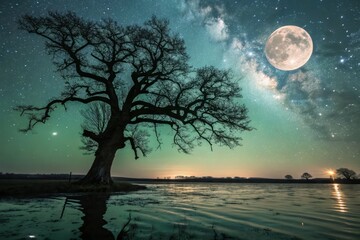 Emerald Night: Celestial River Reflecting Starry Sky, Mystical Night Photography