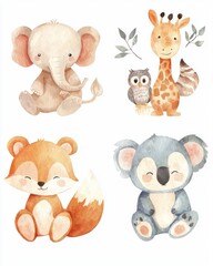Obraz premium Cute Watercolor Animals Featuring Elephant, Giraffe, Owl, and Koala