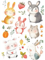 Fototapeta premium Cute Illustrated Animals with Fruits and Vegetables in Watercolor Style