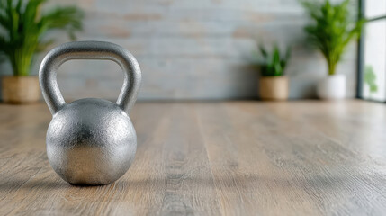 Fototapeta premium kettlebell on wooden floor, surrounded by plants, ready for workout