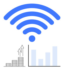 Large wireless signal icon above bar graph and ascending business chart with arrows denoting growth. Ideal for technology, innovation, wireless internet, business growth, data analytics