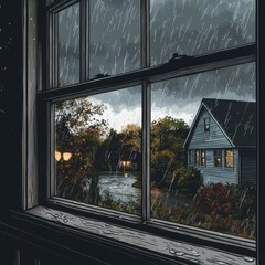 Rainy Evening View From A Window Pane