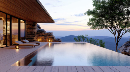 Luxurious lodge with infinity pool overlooking mountains at sunset
