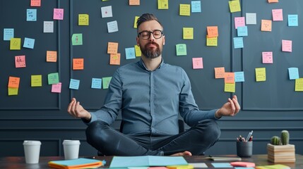 Finding Zen in the Chaos: A businessman, surrounded by a wall of colorful sticky notes representing a hectic schedule, finds peace in the midst of chaos while practicing yoga at his desk.