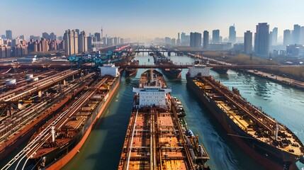 Aerial view of large oil tankers docked at a busy port with extensive pipelines extending into the horizon, representing global oil trade and energy industry logistics.
