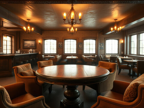 Cozy pub atmosphere with a round wooden table, interior, blur background, atmosphere