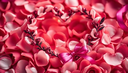 Fototapeta premium Frame made of red rose petals in a heart shape with a romantic design for Valentine's Day