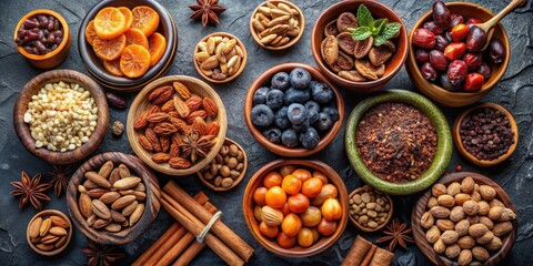 Fototapeta premium Aromatic Collection of Dried Fruits, Nuts, Seeds, and Spices in Wooden Bowls
