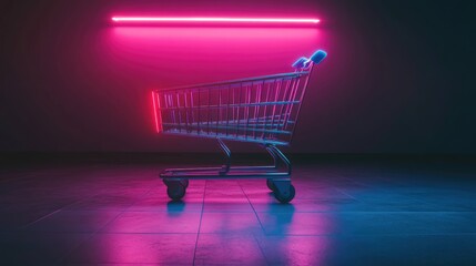 Empty shopping cart under pink and blue neon light.