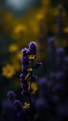 Obraz premium Phone background wallpaper, A close-up of purple flowers in focus, surrounded by a blurred background of yellow blossoms in soft, natural light.