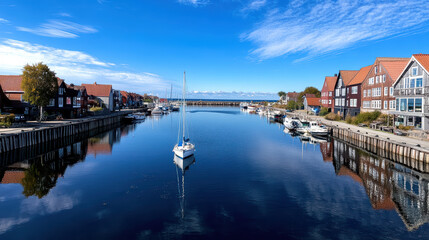 Obraz premium serene Danish fishing village with colorful houses and calm waters
