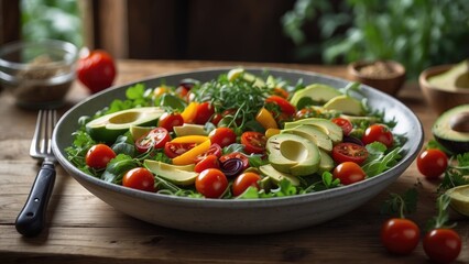 Two hands holding a bowl filled with a fresh salad consisting of avocado slices