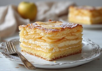 Freshly Baked Layered Apple Cake with Cream, Sliced and Plated on Elegant Vintage Dish with Fork and Soft Light Background