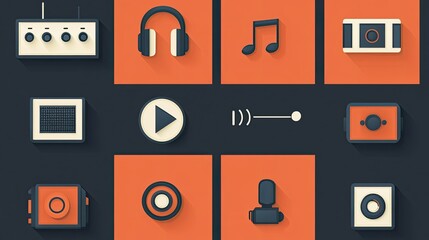Flat design icons representing music, audio, recording, and playback.