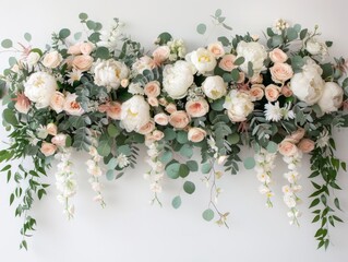 Floral Garland for Wedding: A romantic and elegant floral garland cascades down, bursting with a symphony of blush pink and ivory roses, delicate white blooms, and lush greenery.