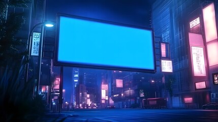 Obraz premium Large Blue Blank Billboard in the Heart of Cyberpunk Tokyo, Surrounded by Vibrant Neon Lights and Futuristic Skyscrapers, Creating a Cinematic and Futuristic Atmosphere