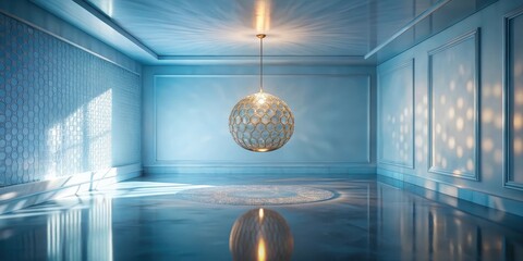Serene Interior Design Elegant Room with Ornate Pendant Light and Reflective Floor