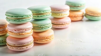 Obraz premium Delightful pastel-colored macarons arranged in a visually appealing stack on a pristine white surface
