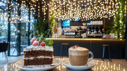 Naklejka premium A modern cafÃ© scene with a beautifully crafted latte, a slice of cake, and a cozy atmosphere with soft lighting. --chaos 20 --ar 16:9 --quality 2 --v 6.1 Job ID: 3942e1f6-9e98-4497-a4f3-0d3659ce1309