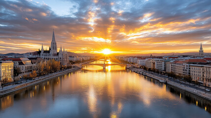 Fototapeta premium stunning sunrise over historic city skyline with golden hues