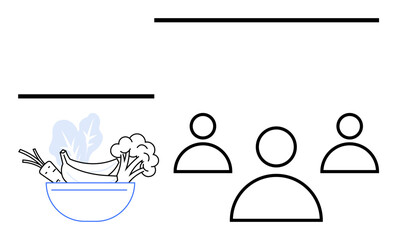 Bowl of vegetables with carrots, leaves, broccoli, bananas beside three human figures. Ideal for health, nutrition, teamwork, community wellness collaboration organic unity. Abstract line flat
