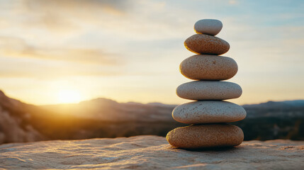 serene sunset silhouette of stacked rocks symbolizes balance and tranquility